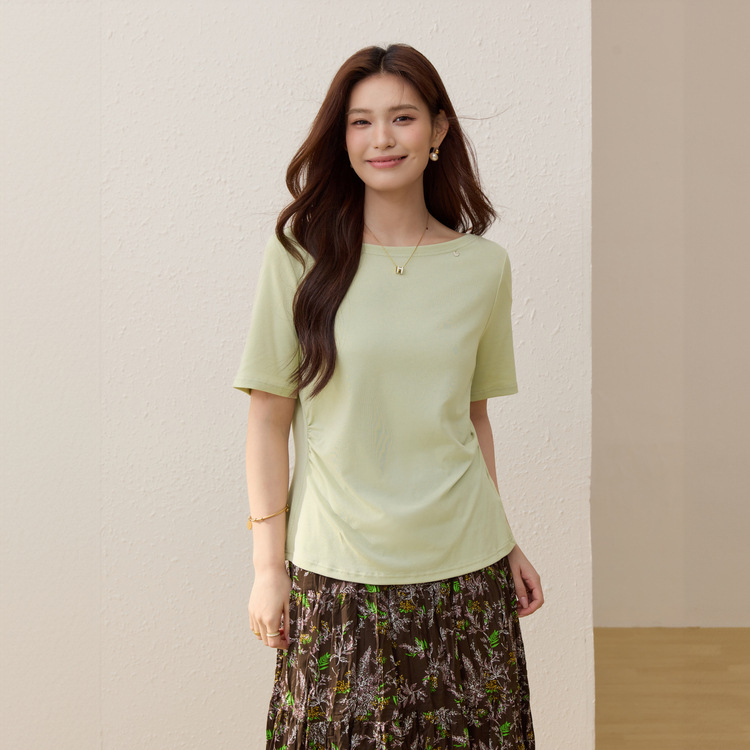 【Lyocell and Linen Blend】High-Elastic Boat Neck T-Shirt Knitwear for Plus-Size Women, 2026 Summer New Style