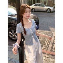 小个子蕾丝拼接蝴蝶结假两件短袖T恤女2025夏季正肩收腰纯欲上衣