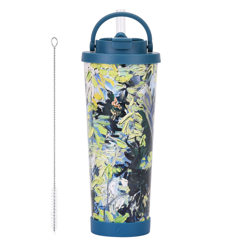 Yeni 830 ml büyük kapasiteli termos bardak, kullanışlı saplı, tek bardak, çift içme bardağı, büyük delikli baskılı pipetli bardak