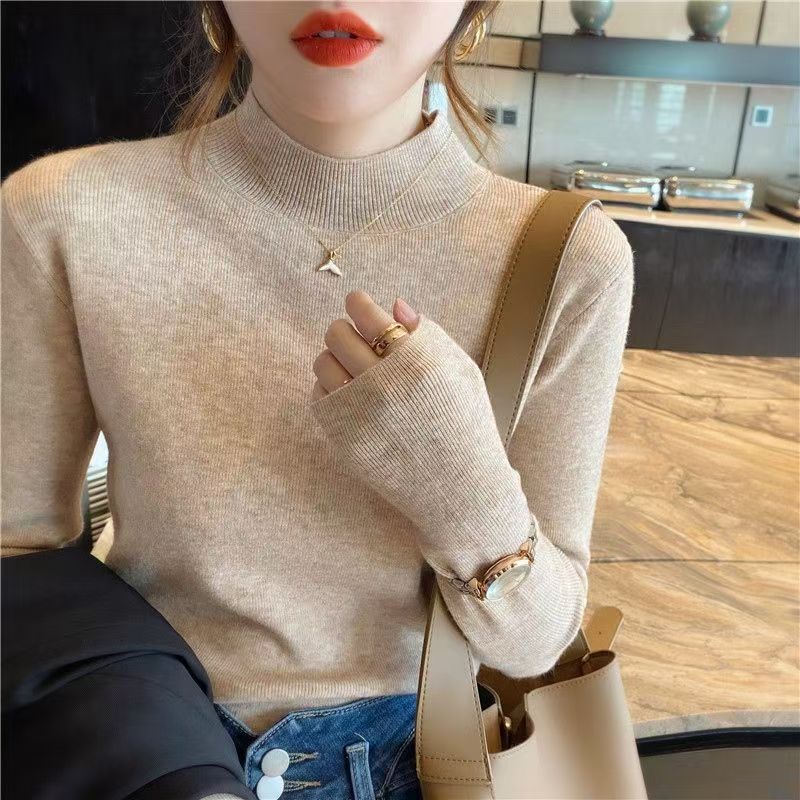 Sweater Women's Autumn and Winter 2024 New Thickened Inner Mock High Collar Base Shirt Mid-Collar Sweater Slim-fit Long Sleeve Top