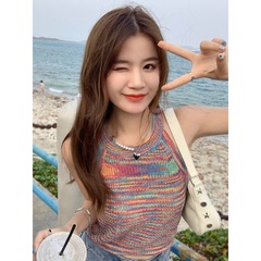 2024 Korean Style Summer Design-Focused Niche Rainbow Thin Sheer Knit Camisole Backless Tank Top