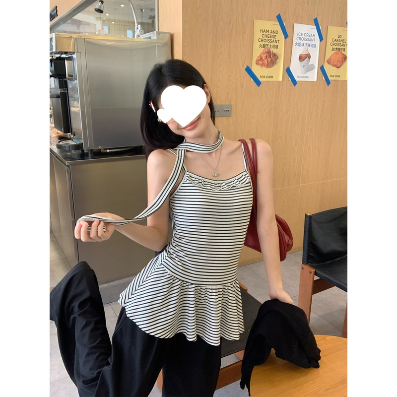 宋正恩黑白条纹背心吊带女秋季修身花边内搭可外穿小上衣|undefined