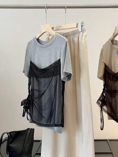 Gray fake two-piece mesh drawstring short-sleeve T-shirt women's summer high-end niche splicing all-match casual slimming top