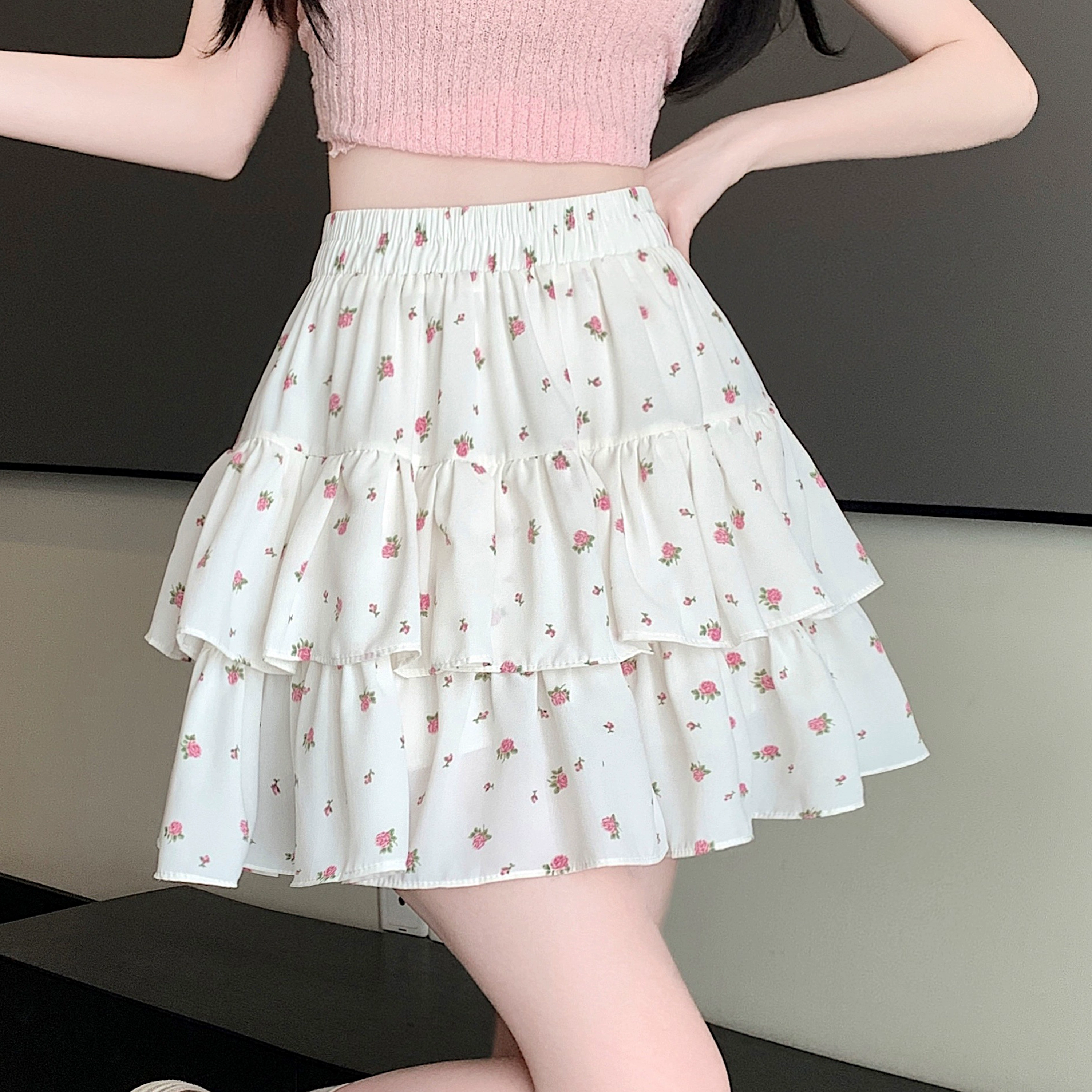Летняя новая юбка А-силуэта для полных женщин больших размеров, с цветочным принтом, высокая талия, утягивающая, пышная, маленькая.