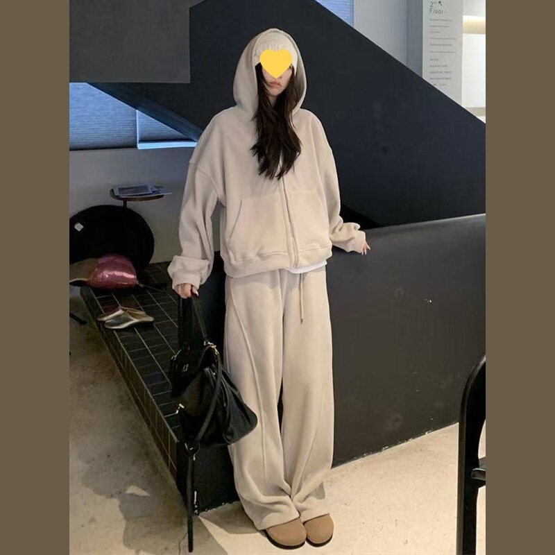 大码胖韩系简约运动休闲运动服时尚美式春秋季宽松阔腿裤两件套|undefined