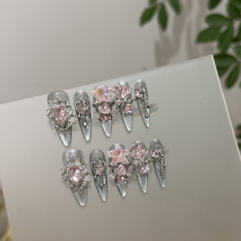 Purely Handmade Wearable Nails, Classy Transparent Black Silver Cat-Eye Long Manicure Pieces, Heavy-Duty Pink Diamond Long-Pointed Fake Nail Patches