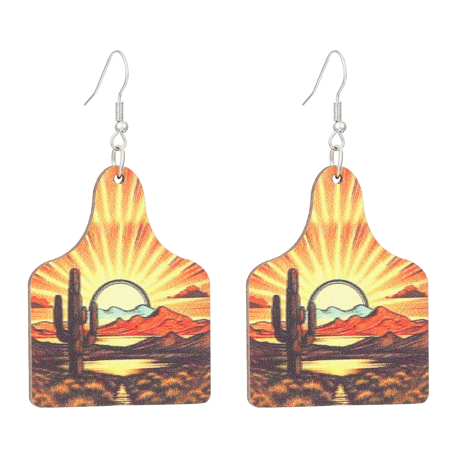 Cappello da cowboy in stile sportivo pastorale occidentale, dipinto di paesaggio di cactus, orecchini in legno acrilico da donna_voghion.com