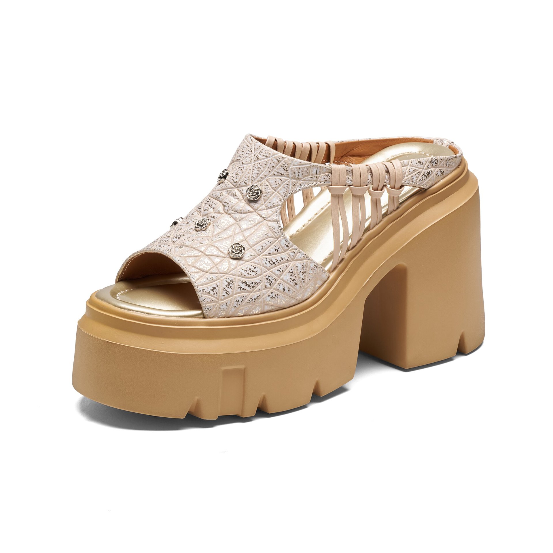 Dép sandal nữ quai chữ V đan da bò, gót vuông 12 cm, đế dày, phong cách tối giản — màu đen