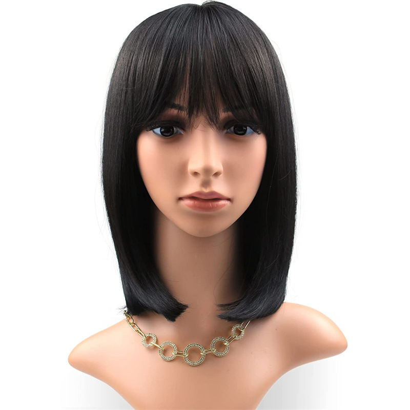 Peruca sintética feminina bobo cabeça preto cabelo curto ar reto bang fofo fibra química bandana_voghion.com