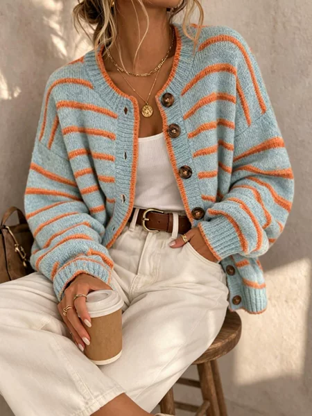 2026 Autumn/Winter Amazon Cross-Border Women's Short-Sleeve Round-Neck Striped Knit Sweater, European and American Fashion Round-Neck Sweater for Women