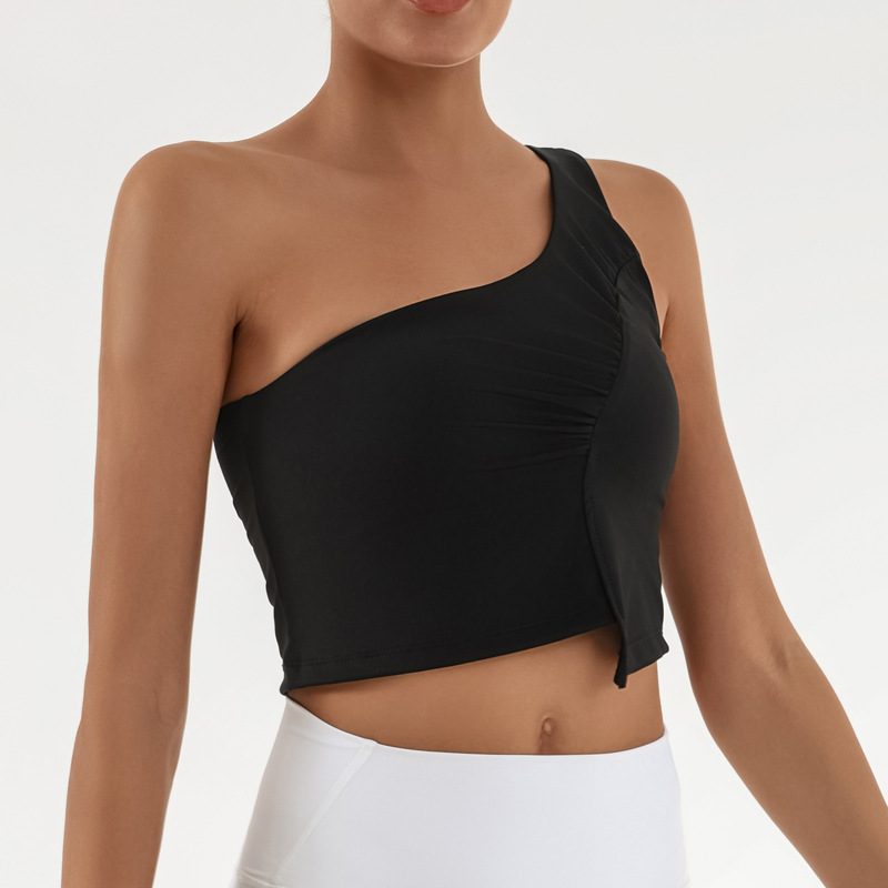 Cross-border deportivo chaleco de acondicionamiento físico mujer irregular hombro plegado con cojín de pecho alta velocidad elástica chaqueta de entrenamiento de yoga seco