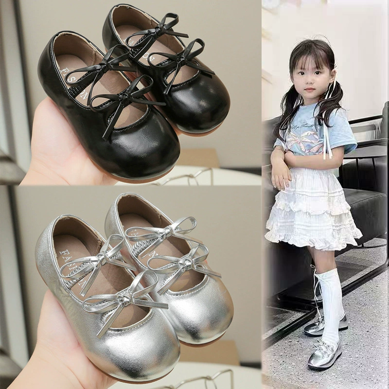 Кожаные туфли принцессы для девочек. Новые детские туфли лета и осени 2025 года на мягкой подошве и с бантиками для малышей и маленьких детей, модные кожаные туфли.