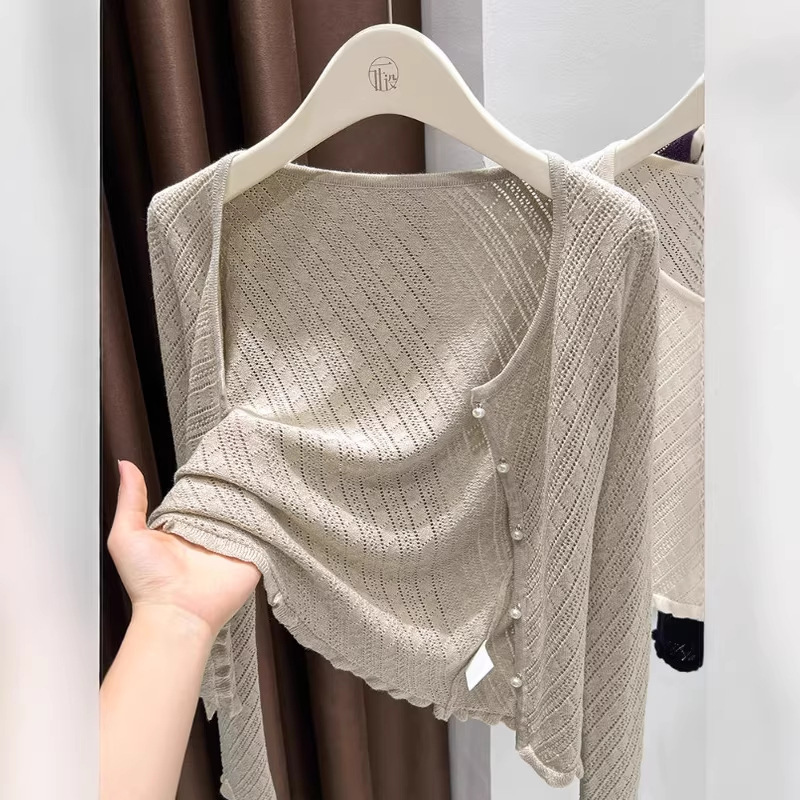 Oatmeal-Colored Thin Tweed-Style Knit Cardigan for Women, Early Spring, High-End Lace Hollow-Out Sweater, Long-Sleeve Outerwear Oatmeal-Colored Thin Tweed-Style Knit Cardigan for Women, Early Spring, High-End Lace Hollow-Out Sweater, Long-Sleeve Outerwear