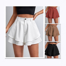 2025跨境欧美外贸夏季新款女士高腰双层宽松时尚休闲微喇纯色短裤