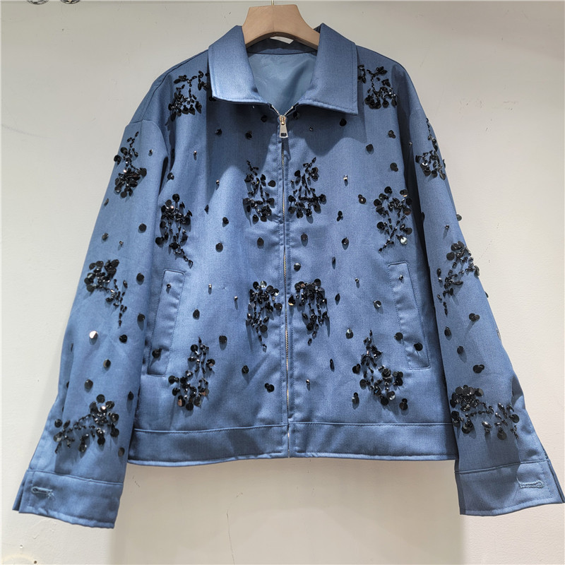 2026 primavera nueva moda casual universal cuello corto bordado chaqueta de lentejas para mujeres suelta delgasa para mujeres