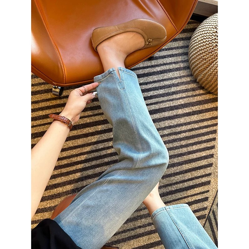 Petite Women's Lyocell Tencel Korean-Style Slit Cropped Jeans, Summer Thin High-Waisted Slimming Straight-Leg Cigarette Pants Petite Women's Lyocell Tencel Korean-Style Slit Cropped Jeans, Summer Thin High-Waisted Slimming Straight-Leg Cigarette Pants