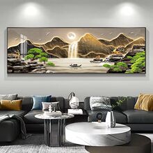 流水生财客厅装饰画新中式沙发背景墙山水挂画迎客松茶室墙面挂画