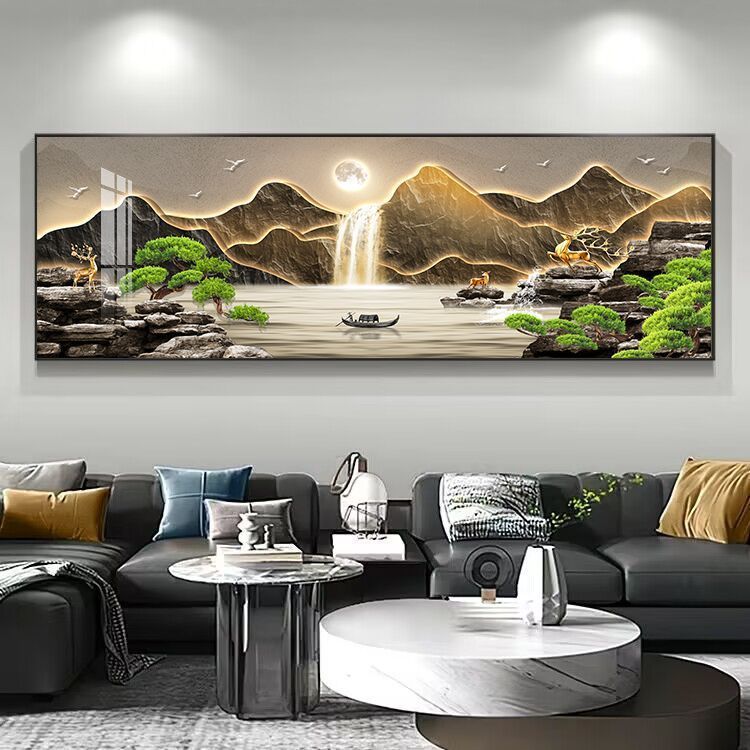 流水生财客厅装饰画新中式沙发背景墙山水挂画迎客松茶室墙面挂画