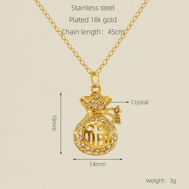Amazon nuevo estilo Chapado en acero inoxidable 18K oro diseño Lucky bag collar femenino de titanio con incrustaciones de acero rhinestone colgante hueco femenino