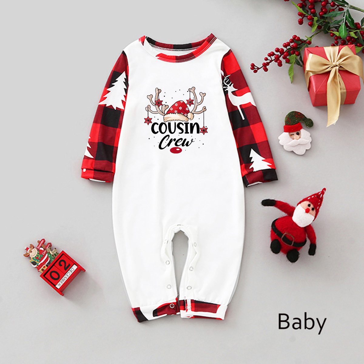 Passende Familien-Heimkleidung für Eltern und Kinder Weihnachts-Heimkleidung Eltern-Kind-Anzüge Heimkleidung mit karierten Nähten und Aufdruck_voghion.com