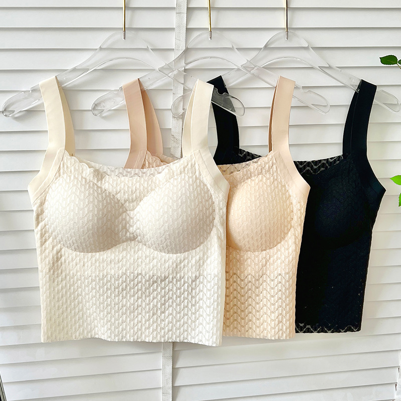 Sin costuras de belleza de encaje camisola interior y exterior de las mujeres no anillo de acero semi-fijo de la Copa de base cuadrada cuello ancho Chaleco de hombro