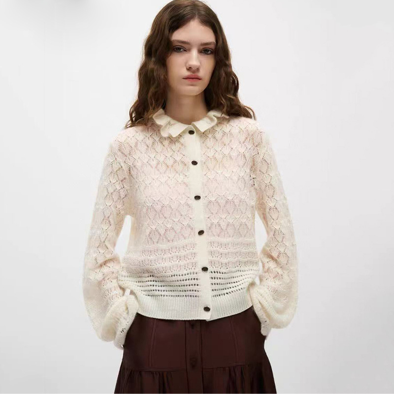 Dd Spring and Autumn Thin Sweater Jacket, Wool+Alpaca Wool, Vintage Style Lace Ruffle Hollow Out Cardigan