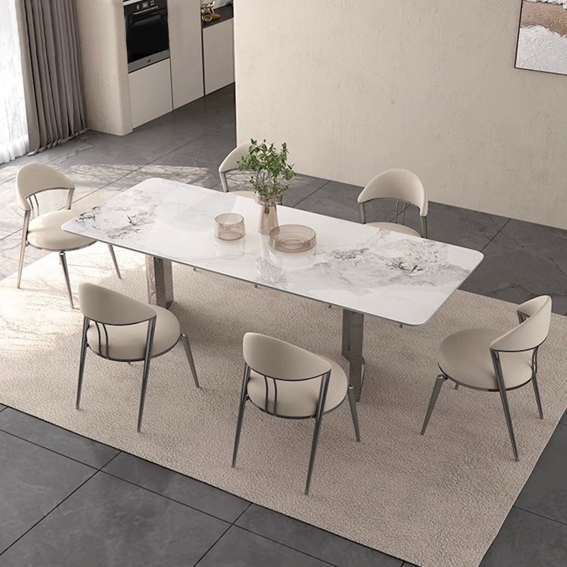 Luz de estilo italiano de lujo minimalista Placa de roca mesa de comedor y silla combinación moderna minimalista hogar pequeño apartamento rectangular mesa de comedor de acero inoxidable