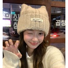 猫耳针织帽子秋冬女款气质韩版保暖毛线帽大头围显脸小护耳套头帽