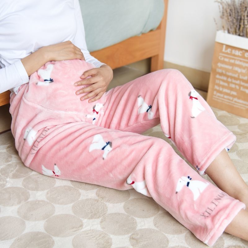 임산부 잠옷 가을 겨울 두꺼운 산호 양털 여성용 바지 플란넬 대형 사이즈 배 지지 조절 가능 산후 홈 바지