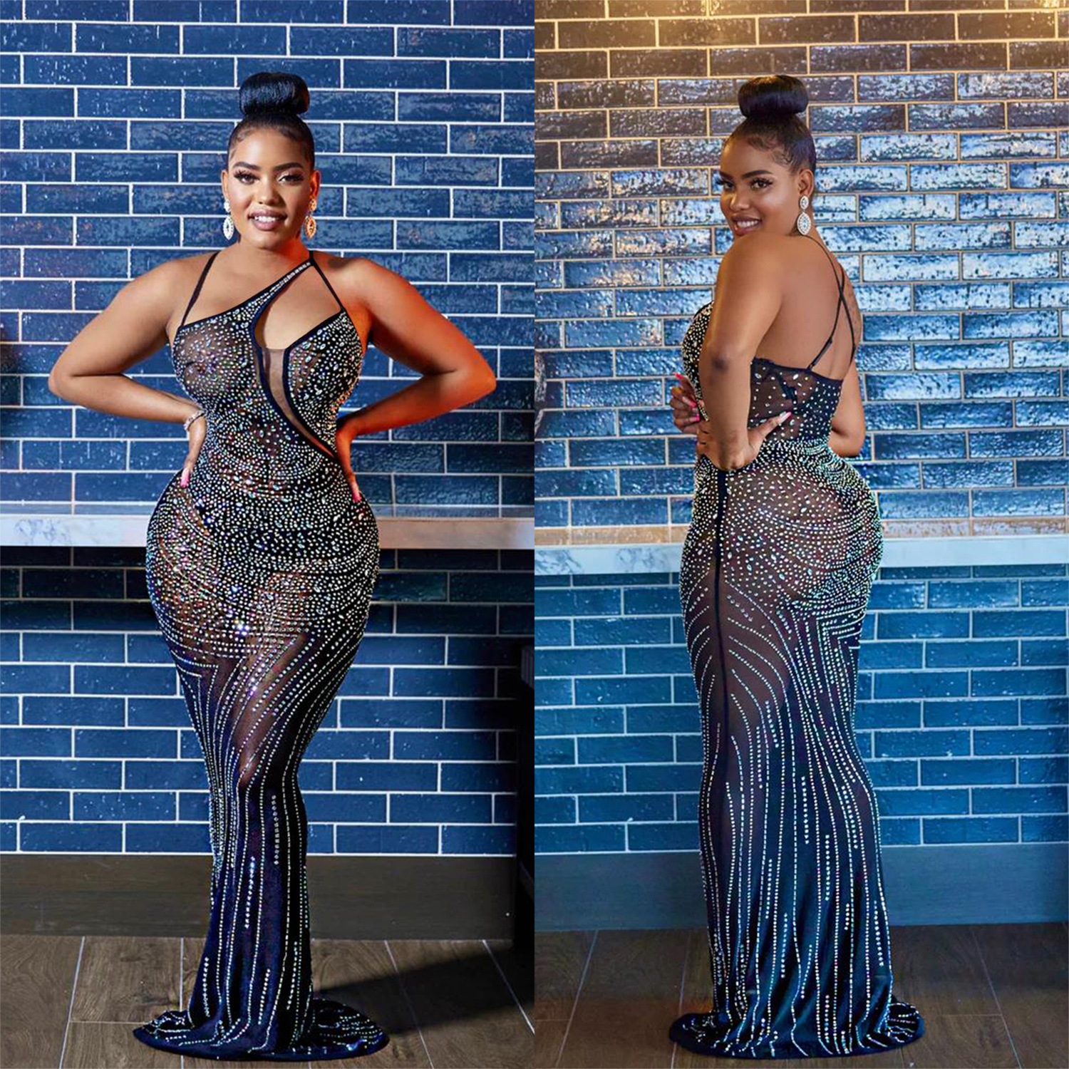 C6075 transfronterizo AliExpress Amazon moda europea y americana de las mujeres de malla rhinestone sin mangas con cuello en V vestido de las mujeres