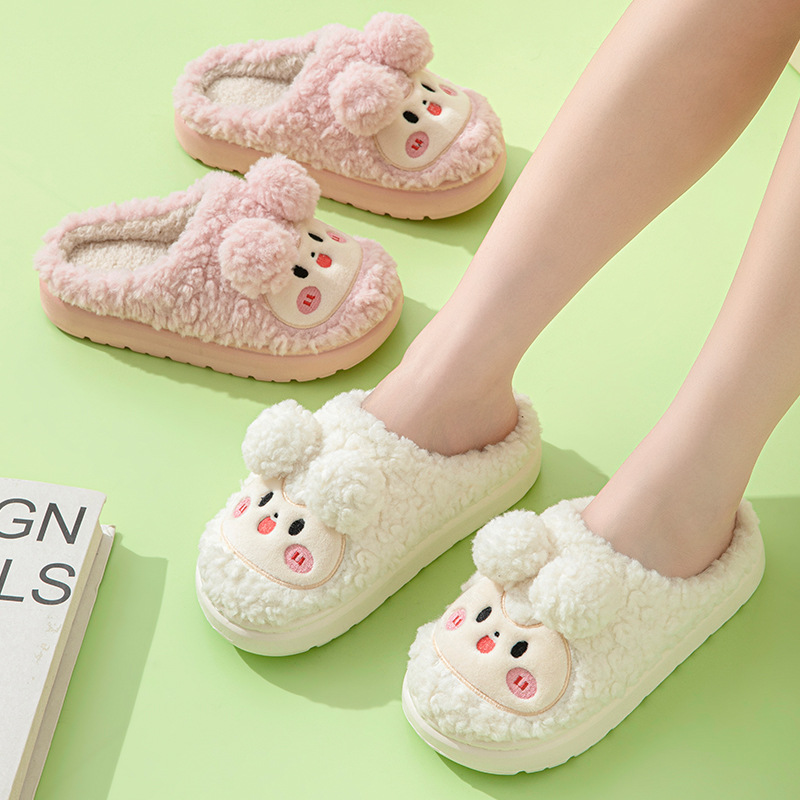Adultos de dibujos animados zapatillas de algodón interior mujer conejo bola peluche lindos cómodos y cálidos impresión oso pareja zapatillas hombre
