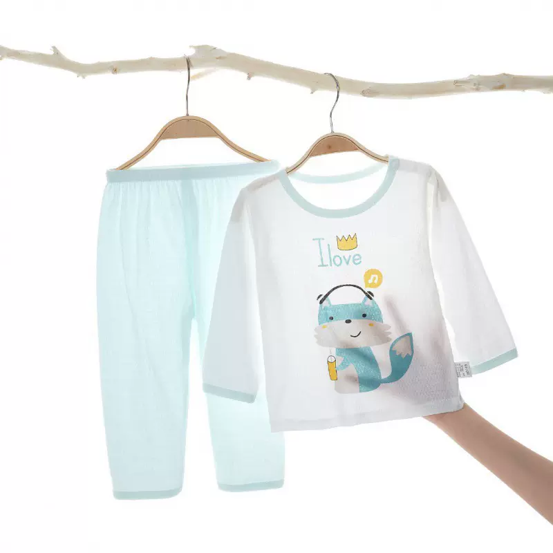 宝宝空调服套装长袖纯棉夏季分体薄款婴儿衣服家居儿童款睡衣透气