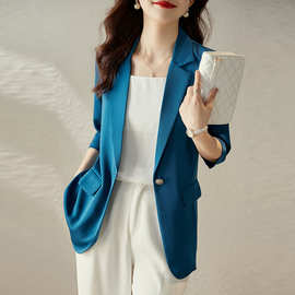 蓝色西装外套女春秋新款2023韩版小个子气质休闲七分袖小西服上衣