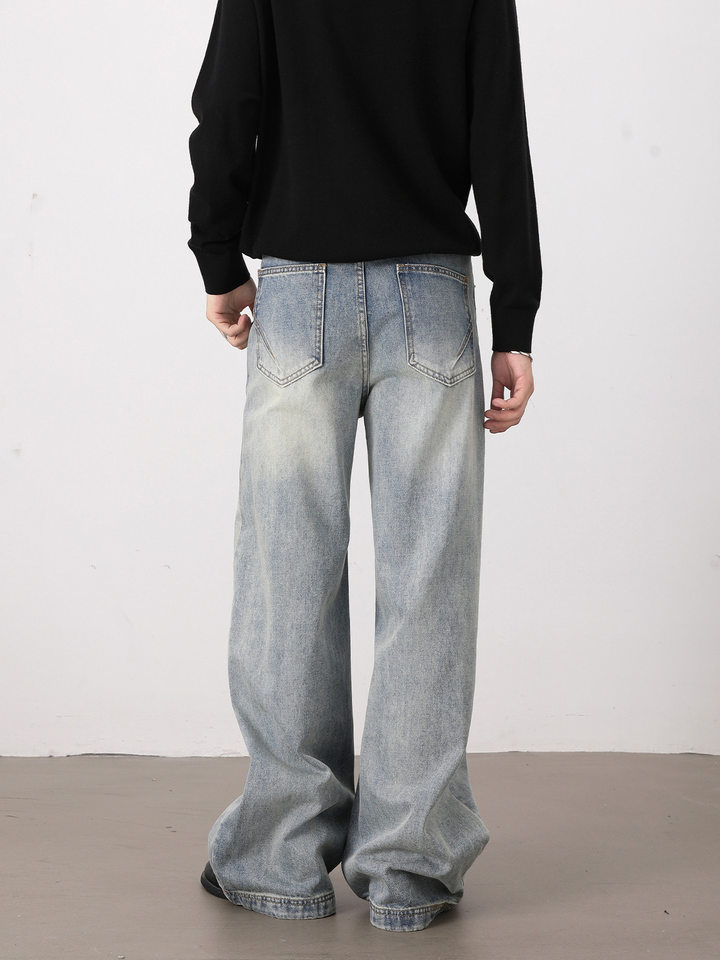 Quần jeans nam dáng rộng ống đứng phong cách high street, lưng vừa, dài ống, dễ phối đồ — Xanh nhạt
