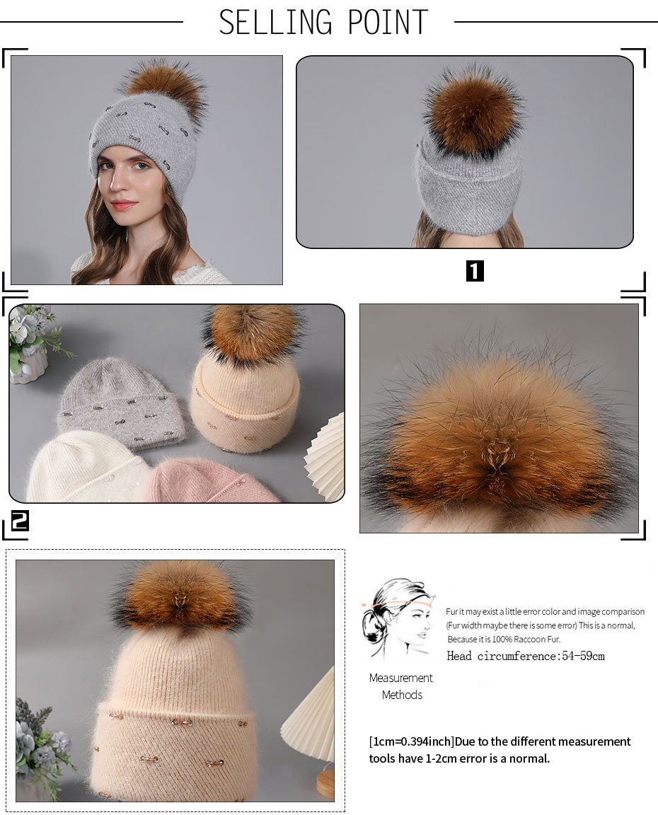 Cappello invernale con pelliccia di procione coniglio lavorato a maglia da donna in lana versatile con doppia piega capovolta_voghion.com