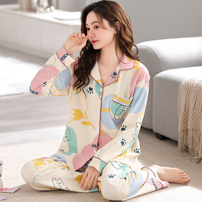 Pijamas de algodón para mujeres primavera y otoño manga larga ocio simple set coreano ropa para el hogar se puede usar fuera