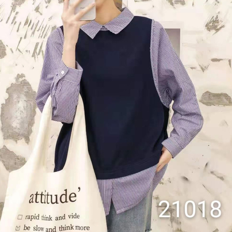 假两件针织拼接条纹衬衫女长袖新品春秋衬衣套头休闲宽松上衣女装|undefined