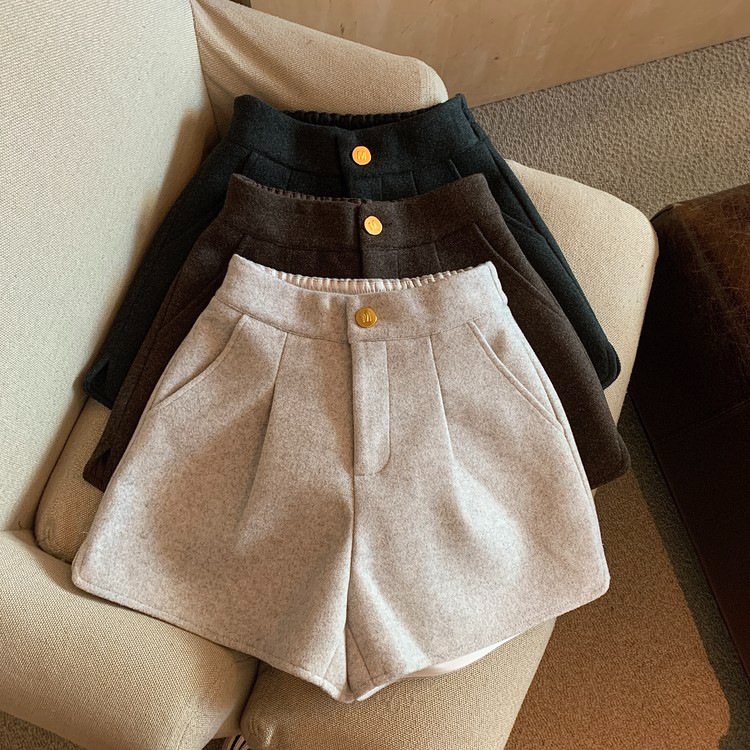 [Factory Outlet] Autumn and Winter Thickened Wool Split Wide Leg Shorts Women's High Waist Loose Casual Outer Boots Pants
