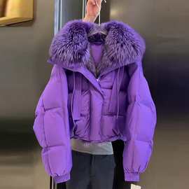 高级感超好看紫色毛毛领棉服女2023年新款冬季爆款小个子加厚外套