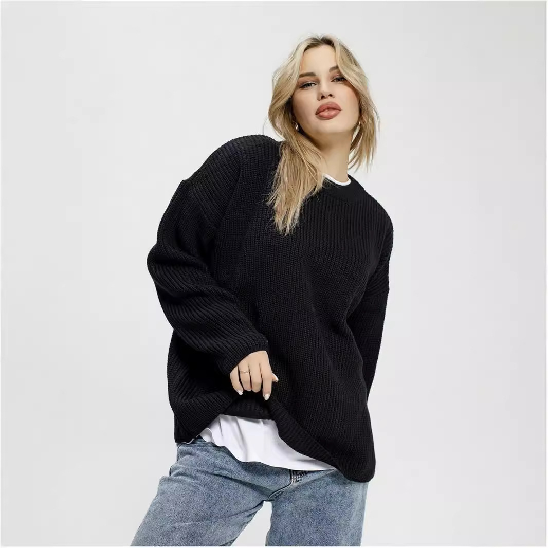 Suéter feminino de malha solta, gola redonda, cor sólida, primavera e outono 2024_voghion.com