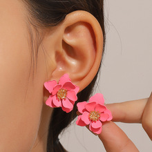 日韩时尚磨砂漆花朵耳饰跨境欧美多层花瓣花卉耳环网红气质耳钉女
