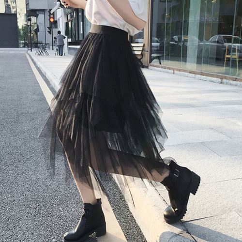 Summer Irregular Mesh Skirt, Mid-Length, High-Waisted, Slimming A-Line, Fairy-Like Fluffy Design
