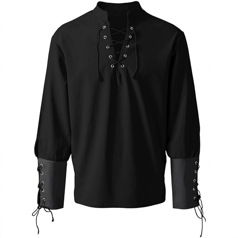 2025 New Cross-Border Men's Pirate Shirt Retro Steampunk Gothic Shirt Viking Lace-Up Top