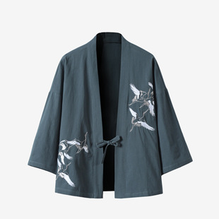 Summer New Men's Crane Embroidery Chinese Style Han Dynasty Cardigan Japanese Style Retro Trend Kimono Taoist Robe Wholesale