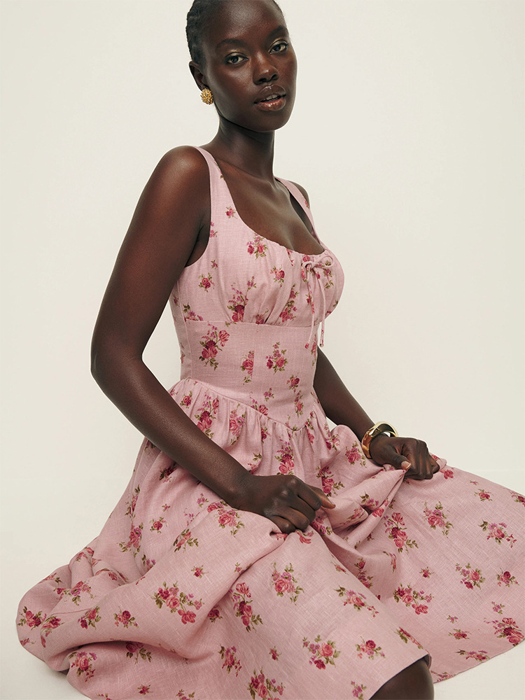 在庫あり789夏新作ref2024リネンピンクスクエアネックミドル丈リゾート風ワンピースフレンチレトロレディース