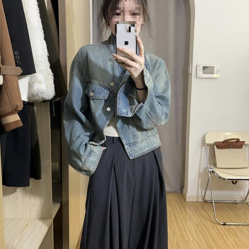 短款牛仔外套女春秋季百搭宽松小个子设计感小众盐系立领夹克上衣|undefined