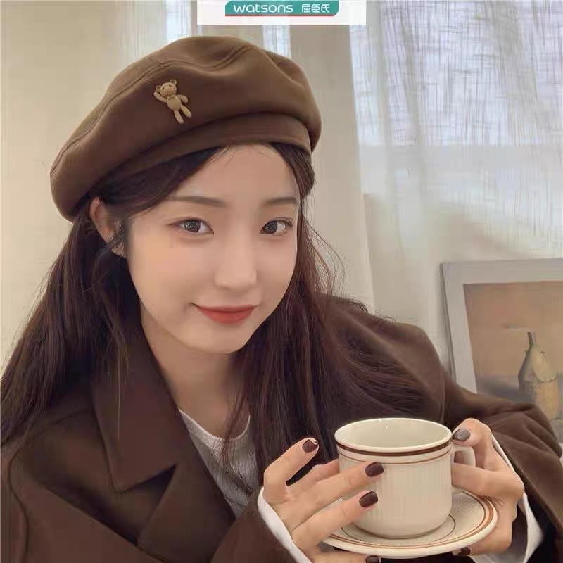 批发毛呢贝雷帽女显脸小秋冬宝贝熊日系复古卡通时髦气质画家帽女|undefined