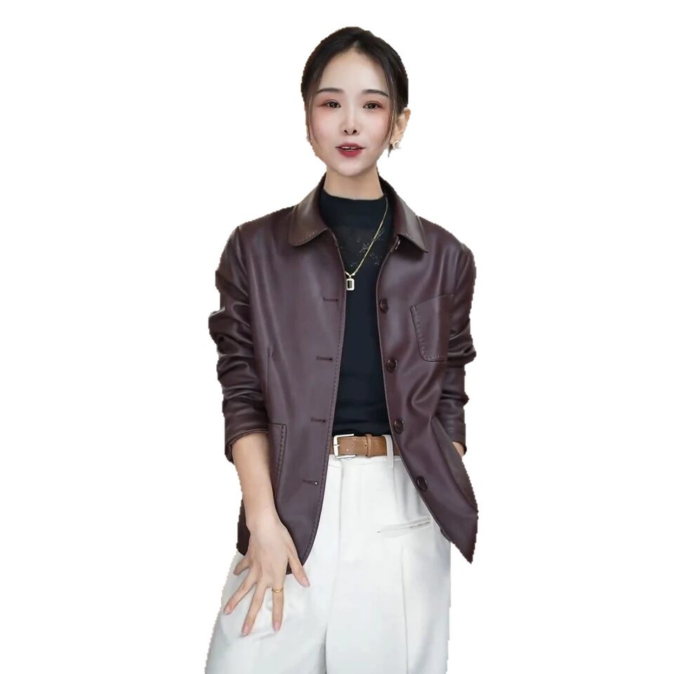 Áo khoác da PU nữ dáng ôm ngắn một hàng khuy cổ bẻ — màu cà phê, đen, Lông cừu đen, Màu cà phê với fleece