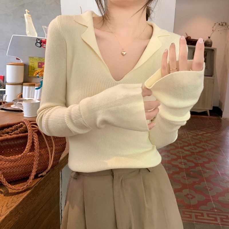 粉色长袖针织衫夏季设计感修身内搭打底衫女装polo领毛衣ins上衣|undefined