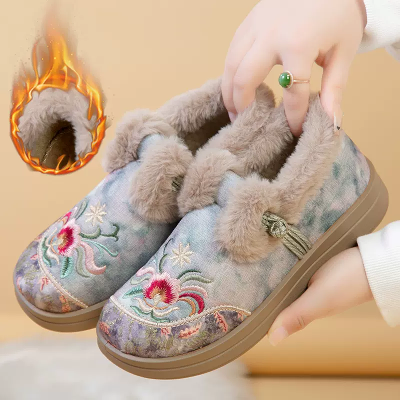 2025冬季新款加绒加厚棉鞋女士软底软面一脚蹬中老年绣花妈妈棉靴
